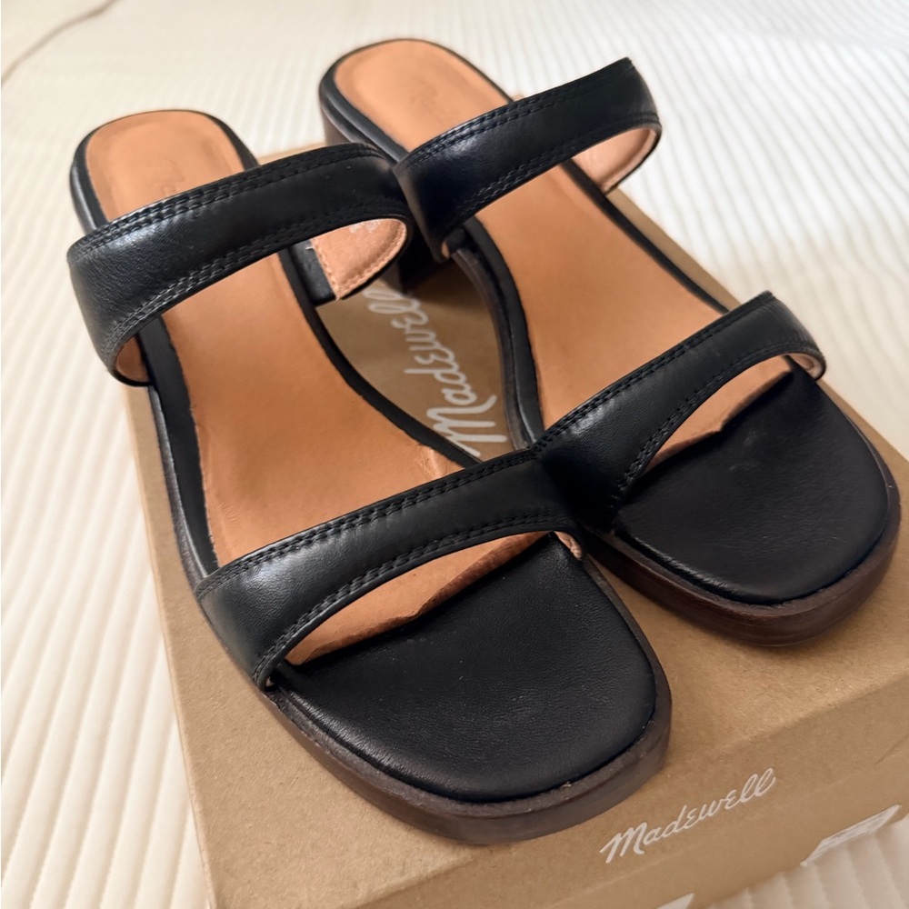 Madewell Saige Double Strapped Heeled Mules Leather Black Leather Sandals - Picture 6 of 7